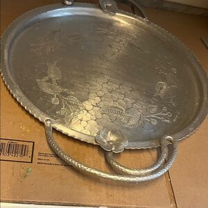 Farberware Hammered Aluminum Floral Serving Tray 16 Inch plus handles